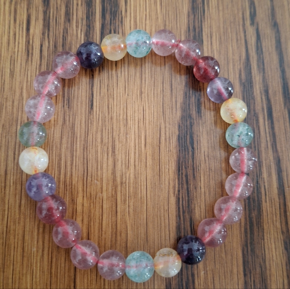 Bracelet Rainbow Strawberry Quartz Natural Stone Beaded Stretchy